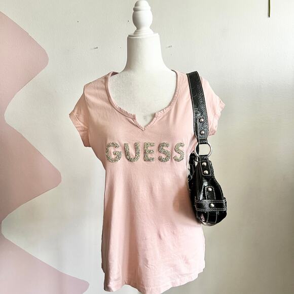 Guess Rhinestone Logo T Shirt Y2K Vintage 2000s Retro Mc Bling‎ Large - Picture 1 of 6